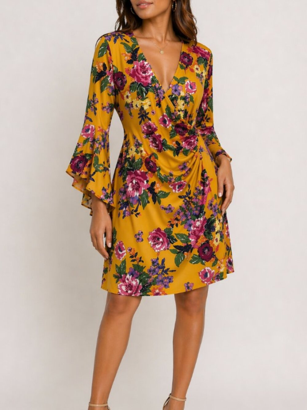 NWT - MSK Floral Flutter Sleeve Summer Party Dress Yellow Purple - Size S